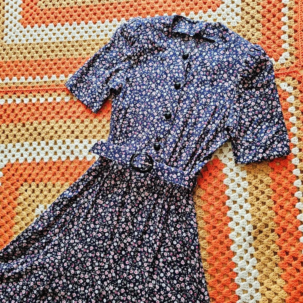 80s Ditsy Floral Midi Tea Dress With Matching Belt Navy Pink Handmade Vintage